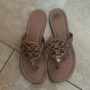 Used Tory Burch Tan Leather Sandals with Signature Medallion